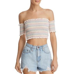 Sunset + Spring Off Shoulder Crop Top Rainbow Striped Stretchy